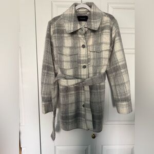 Tahari Gray Plaid Belted Wool-Blend Coat